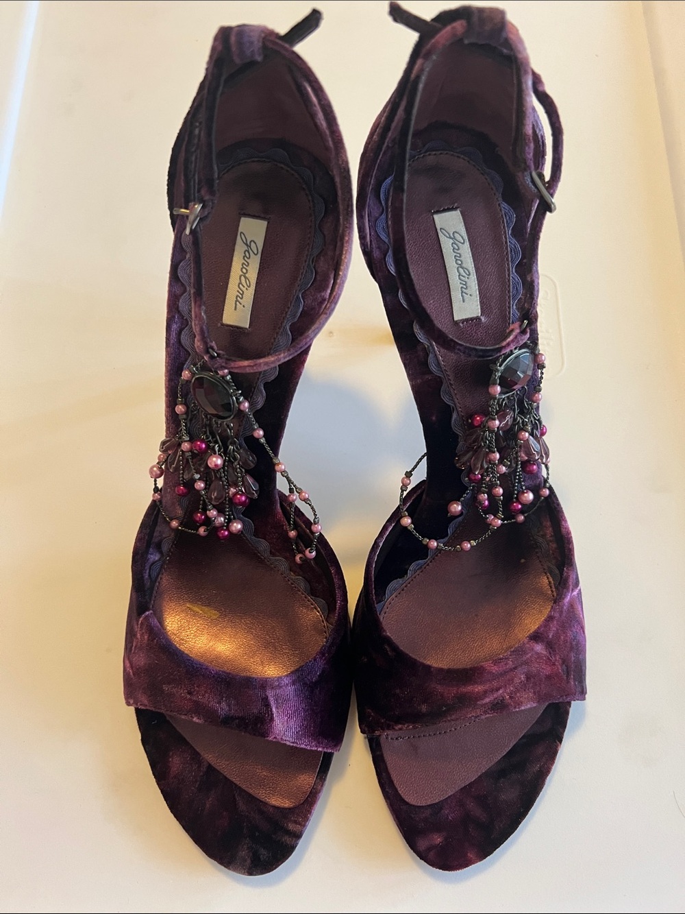 Garolini Purple Velvet Beaded T-Strap Heels